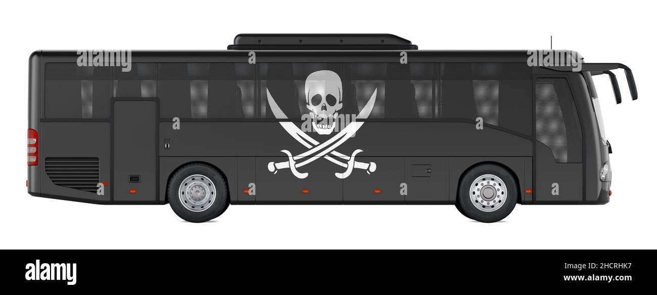 Bus with piracy flag. 3D rendering isolated on white background Stock ...