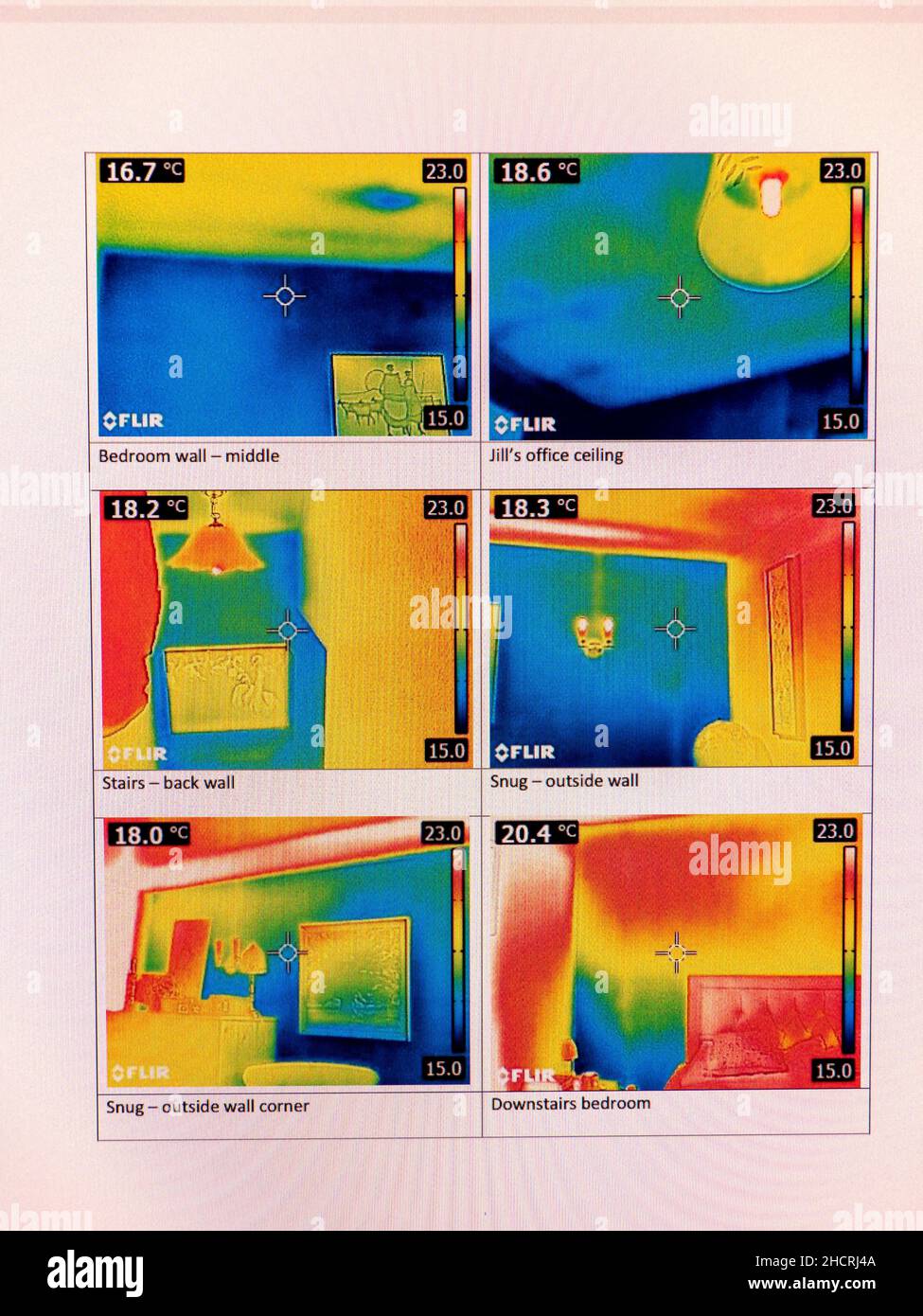 Images captured by a thermal imaging camera of heat loss from a house