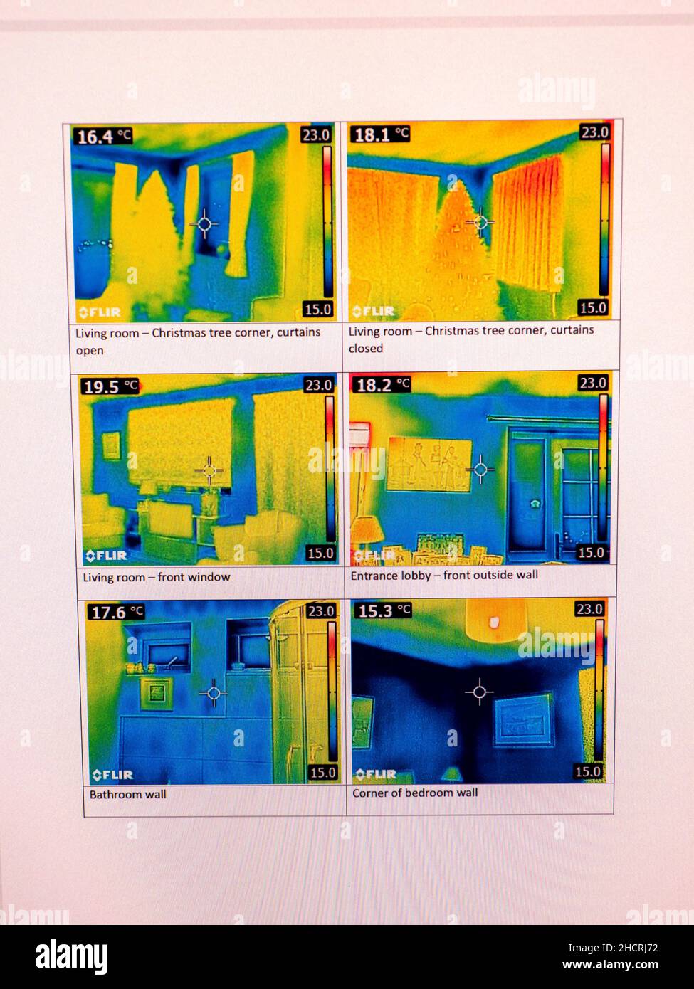 Images captured by a thermal imaging camera of heat loss from a house