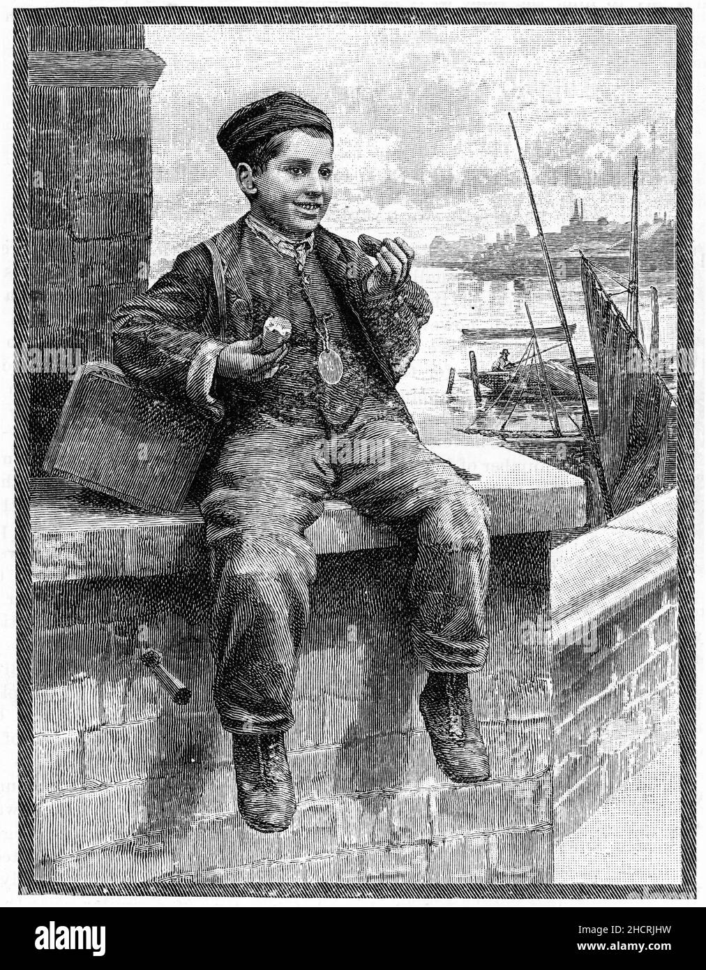 Engraving of a boy eating his lunch while sitting on a wall at the harbour, published 1892 Stock Photo