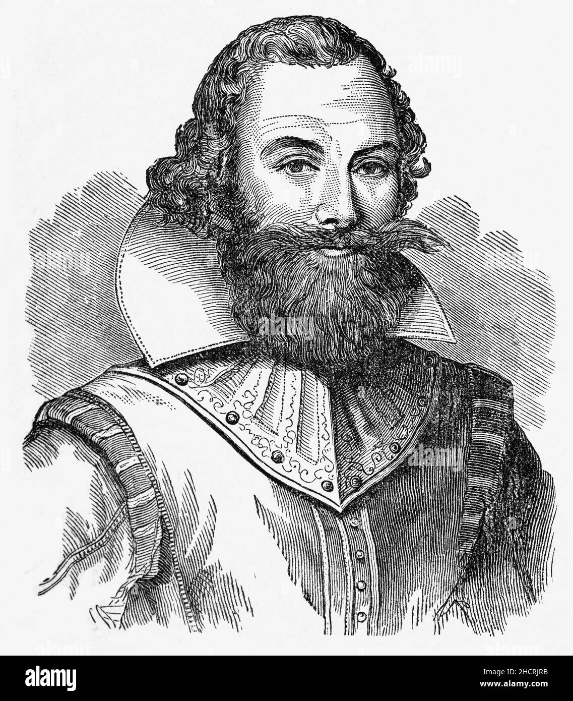 A late 19th Century portrait of Captain John Smith (1580-1631), an English soldier, explorer, colonial governor, Admiral of New England, and author. He played an important role in the establishment of the colony at Jamestown, Virginia, the first permanent English settlement in America, in the early 17th century. He was a leader of the Virginia Colony between September 1608 and August 1609, and he led an exploration along the rivers of Virginia and the Chesapeake Bay, during which he became the first English explorer to map the Chesapeake Bay area. Later, he explored and mapped the coast of New Stock Photo