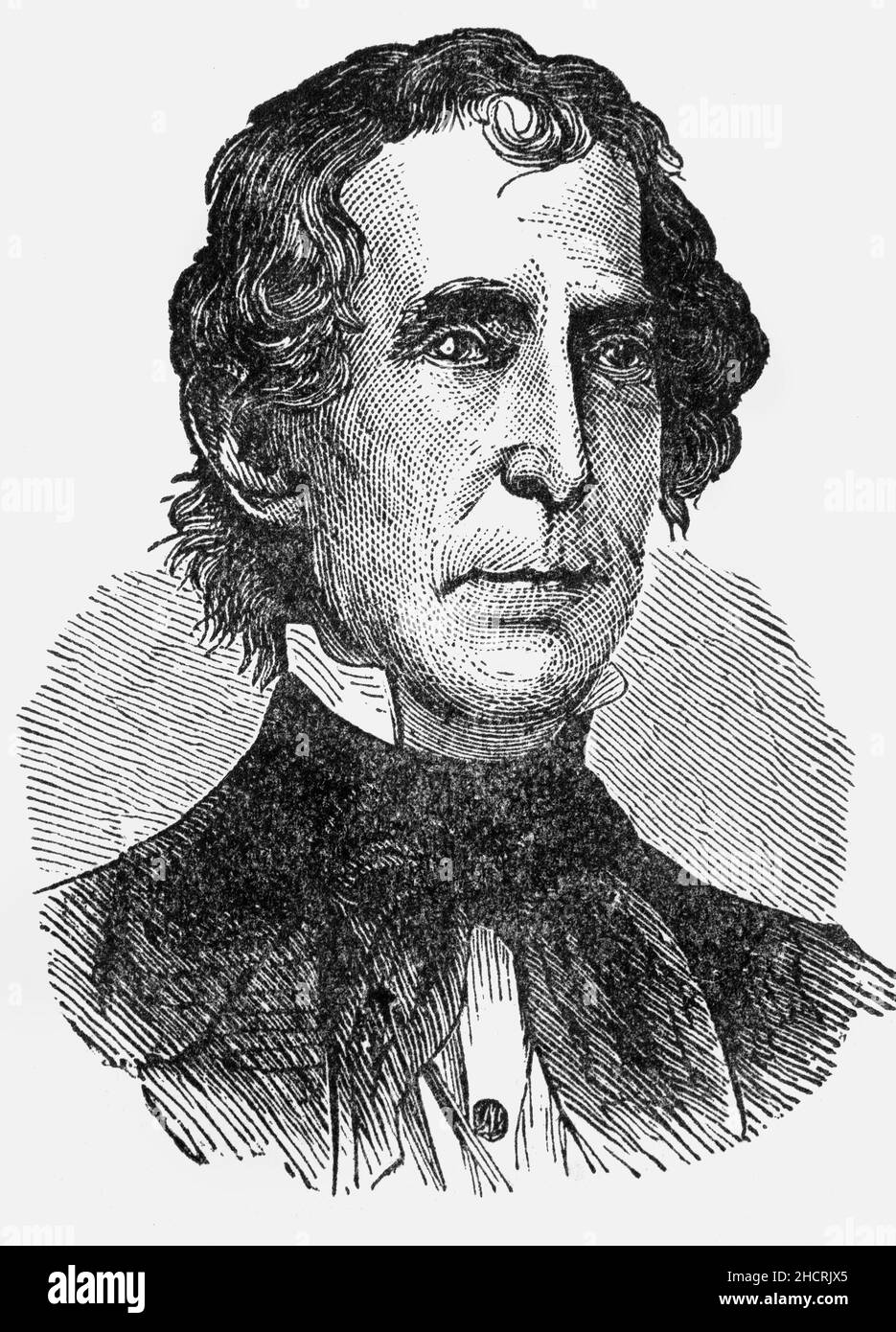 A late 19th Century portrait of John Tyler (1790-1862), the 10th president of the United States, serving from 1841 to 1845, after briefly holding office as the 10th vice president in 1841. He was elected vice president on the 1840 Whig ticket with President William Henry Harrison, succeeding to the presidency after Harrison's death 31 days after assuming office. Tyler was a stalwart supporter and advocate of states' rights, including regarding slavery, and he adopted nationalistic policies as president only when they did not infringe on the powers of the states. Stock Photo