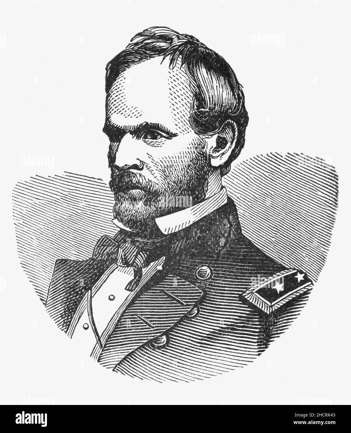A late 19th Century portrait of William Tecumseh Sherman (1820-1891), an American soldier, businessman, educator, and author. He served as a general in the Union Army during the American Civil War (1861–1865), achieving recognition for his command of military strategy as well as criticism for the harshness of the scorched earth policies that he implemented against the Confederate States. The British military declared that Sherman was 'the first modern general'.  He was appointed Commanding General of the United States Army and promoted to the rank of full general. Stock Photo