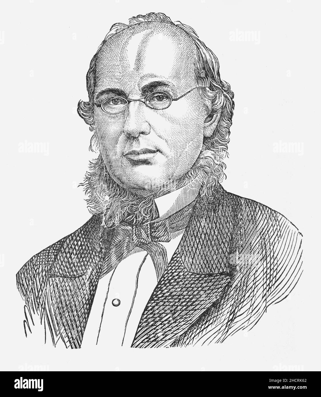 A late 19th Century portrait of Horace Greeley (1811-1872), an American newspaper editor and publisher who was the founder and editor of the New-York Tribune. Long active in politics, he served briefly as a congressman from New York, and was the unsuccessful candidate of the new Liberal Republican Party in the 1872 presidential election against incumbent President Ulysses S. Grant, who won by a landslide. Stock Photo