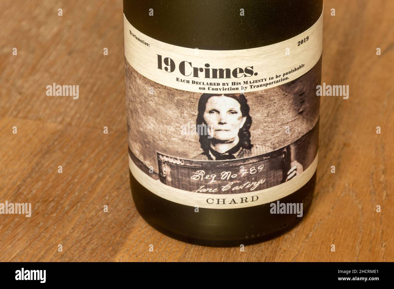 Bottle of 19 Crimes Australian wine (nineteen crimes), white wine, Chardonnay Stock Photo