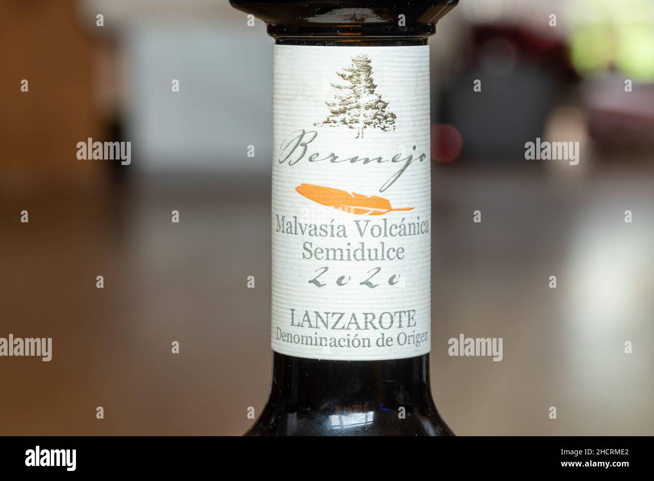 Label on bottle of Bermejo Malvasia Volcanica Semidulce wine, a dessert wine from Lanzarote, Spain Stock Photo