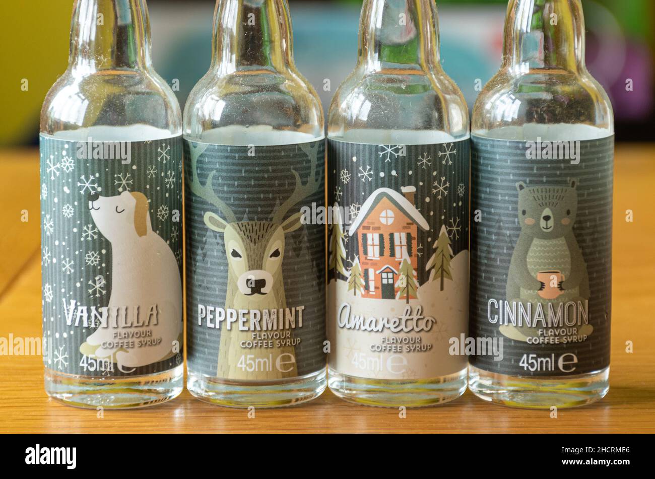 Miniature bottles of flavoured coffee syrup Stock Photo Alamy