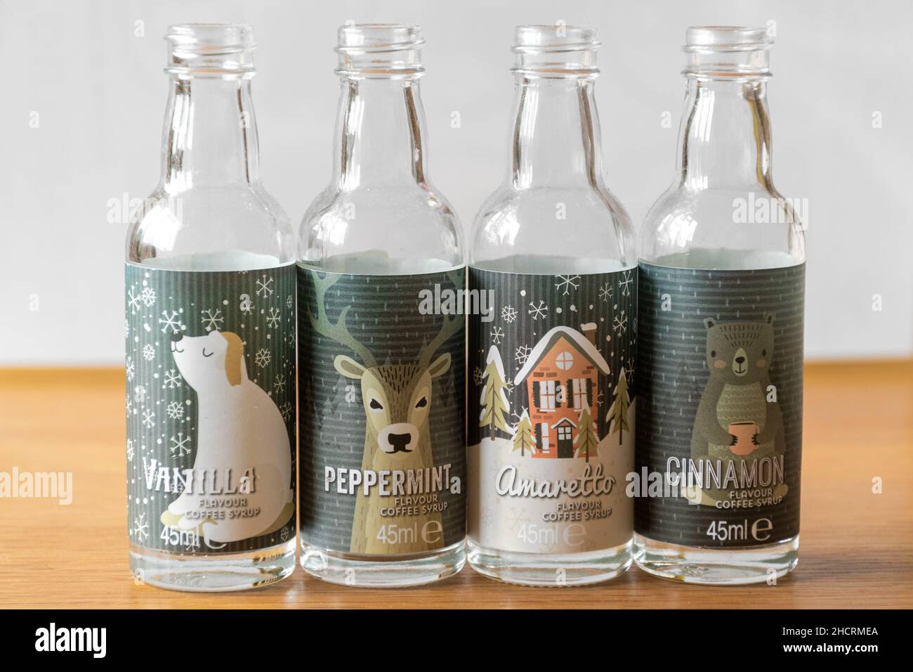 Miniature bottles of flavoured coffee syrup Stock Photo Alamy
