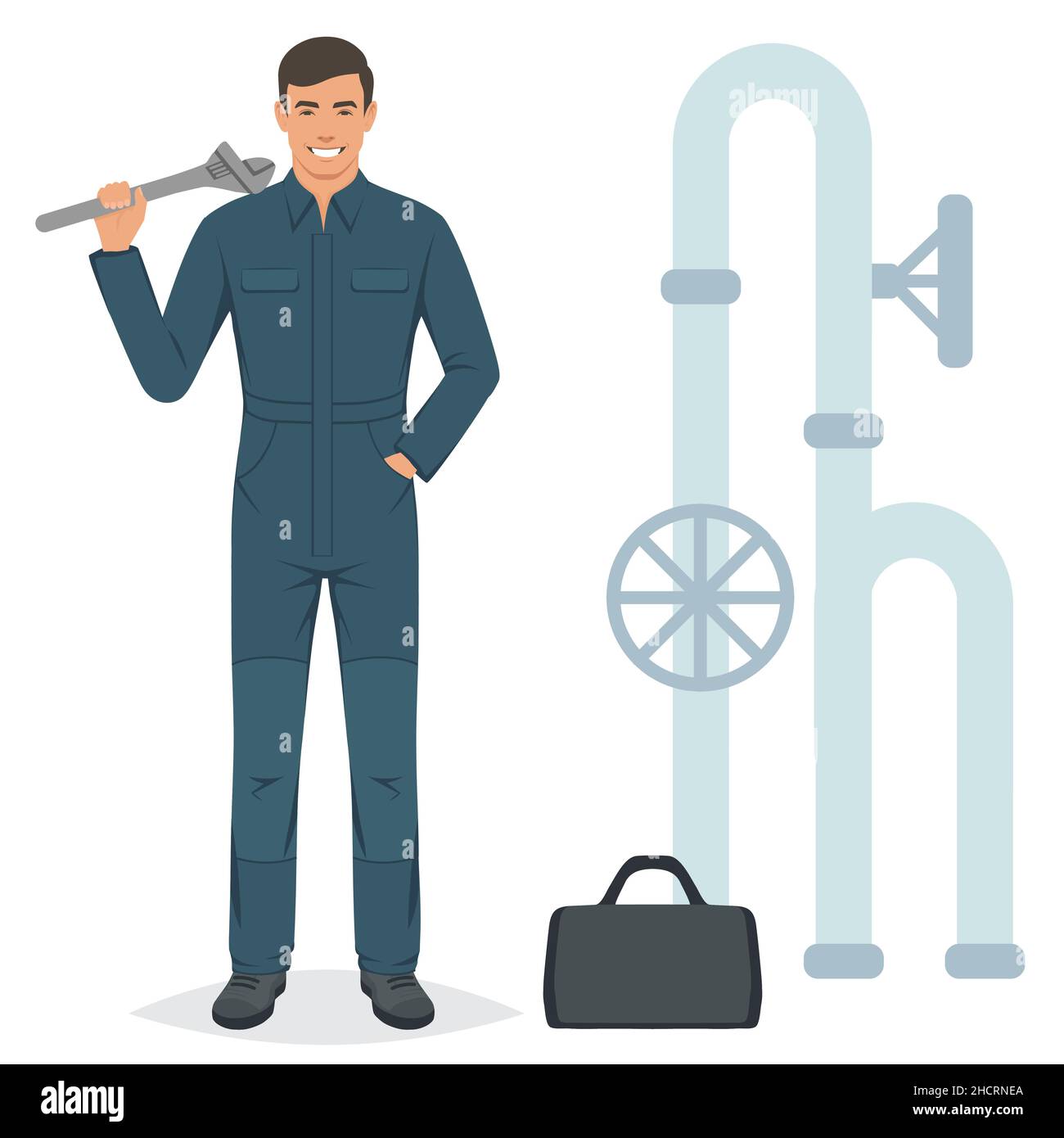 Cheerful plumber with a wrench repairing pipe. Vector illustration Stock Vector