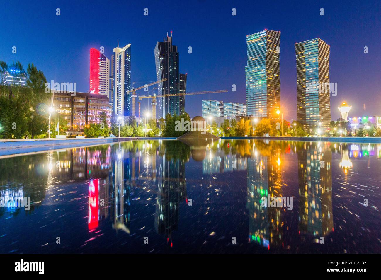 Evening view of reflecting skyscrapers in Astana now Nur-Sultan , capital of Kazakhstan. Stock Photo