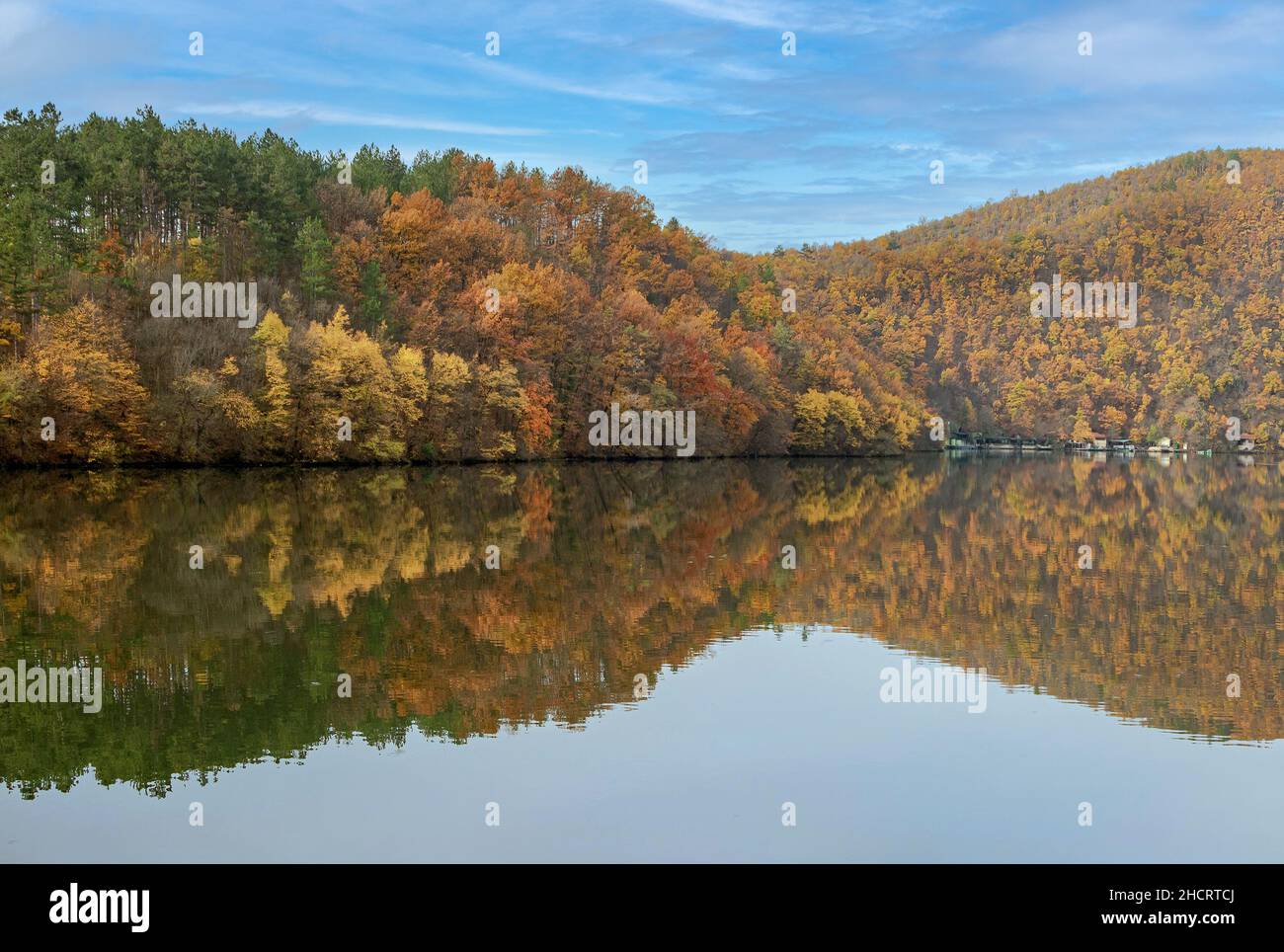 Lake coast with blue sky and reflection of trees in the forest on water ...