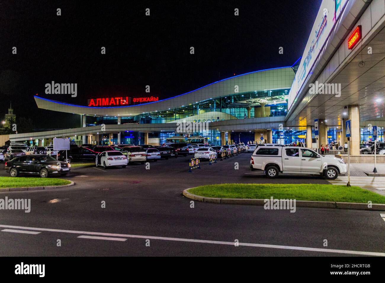 ALMATY, KAZAKHSTAN - AUGUST 1, 2018: Night view of Almaty International Airport, Kazakhstan. Stock Photo