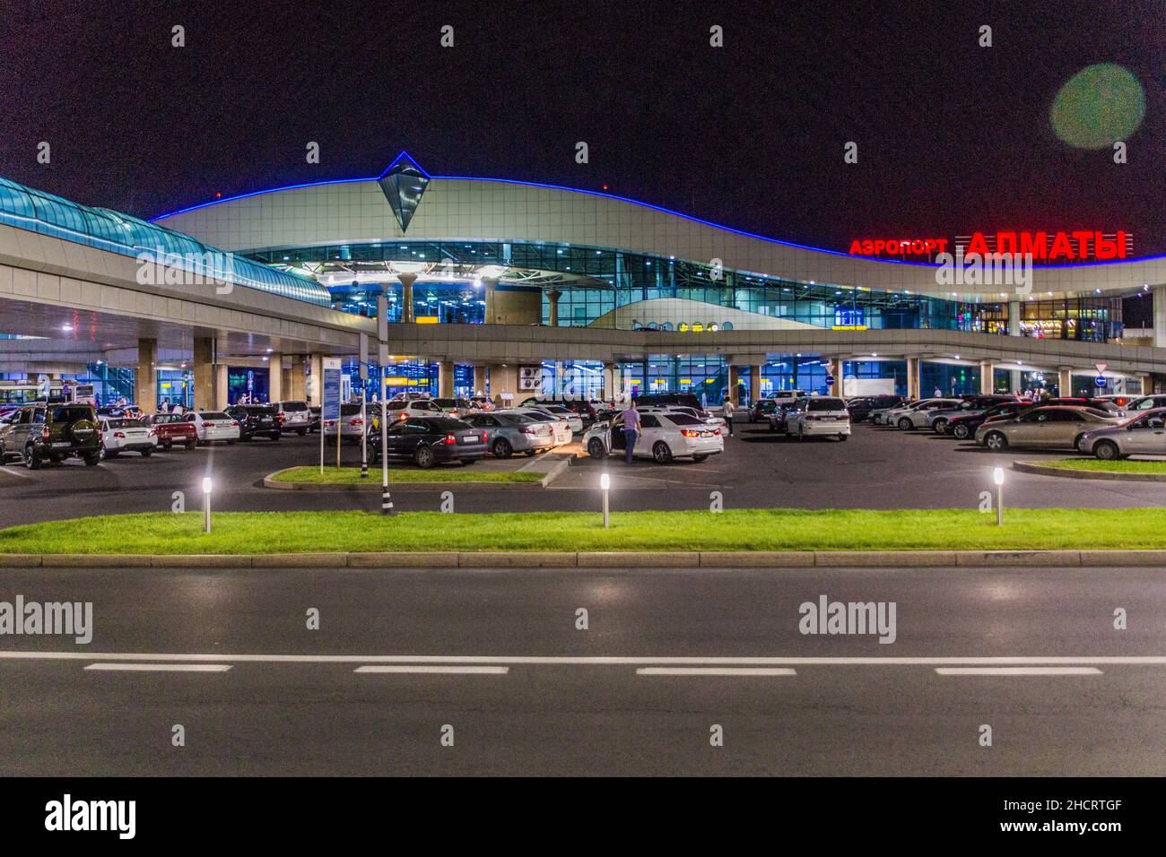 ALMATY, KAZAKHSTAN - AUGUST 1, 2018: Night view of Almaty International Airport, Kazakhstan. Stock Photo