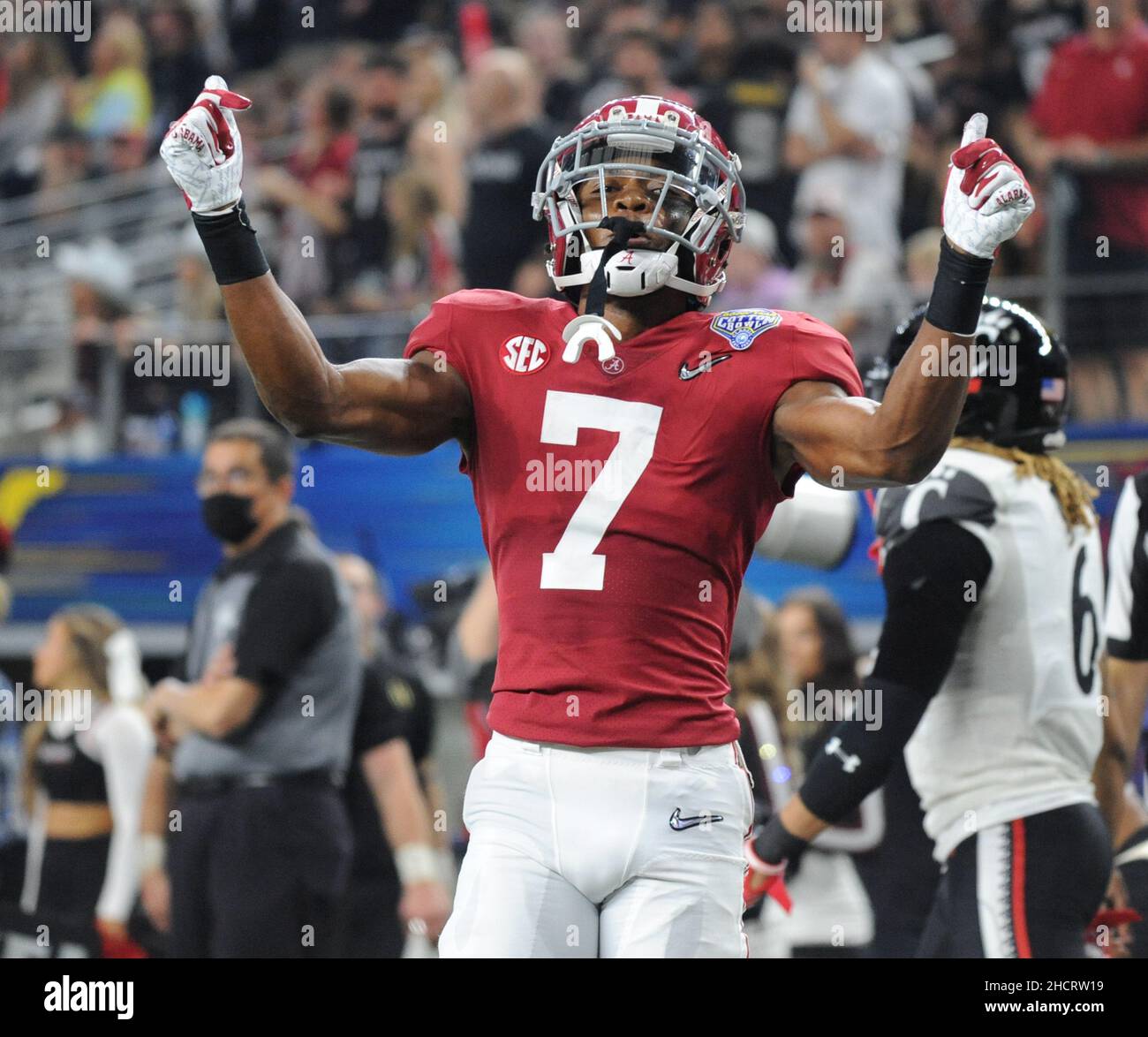 Arlington, USA. 31st Dec, 2021. Alabama's Ja'Corey Brooks celebrates a 44-yard touchdown against the Cincinnati Bearcats n the 2021 Cotton Bowl Classic, one of the College Football Playoff Semifinal games, on Friday, December 31, 2021 at AT&T Stadium in Arlington, Texas. Photo by Ian Halperin/UPI Credit: UPI/Alamy Live News Stock Photo