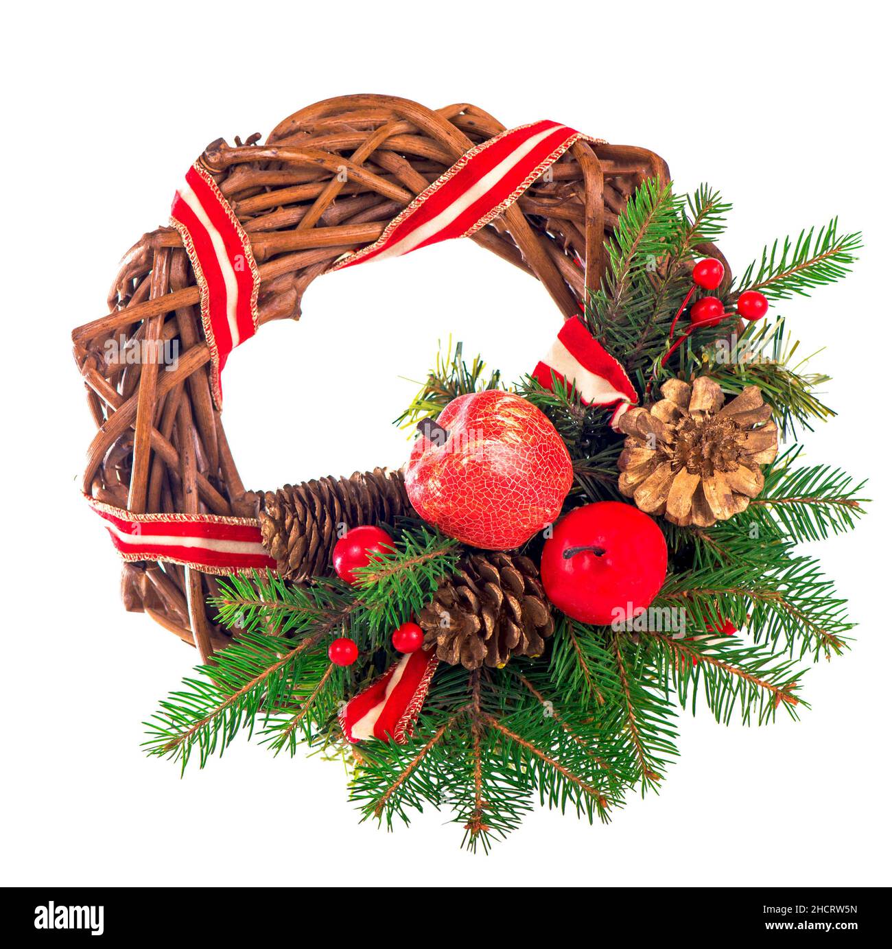 green christmas wreath with decorations isolated on white background ...