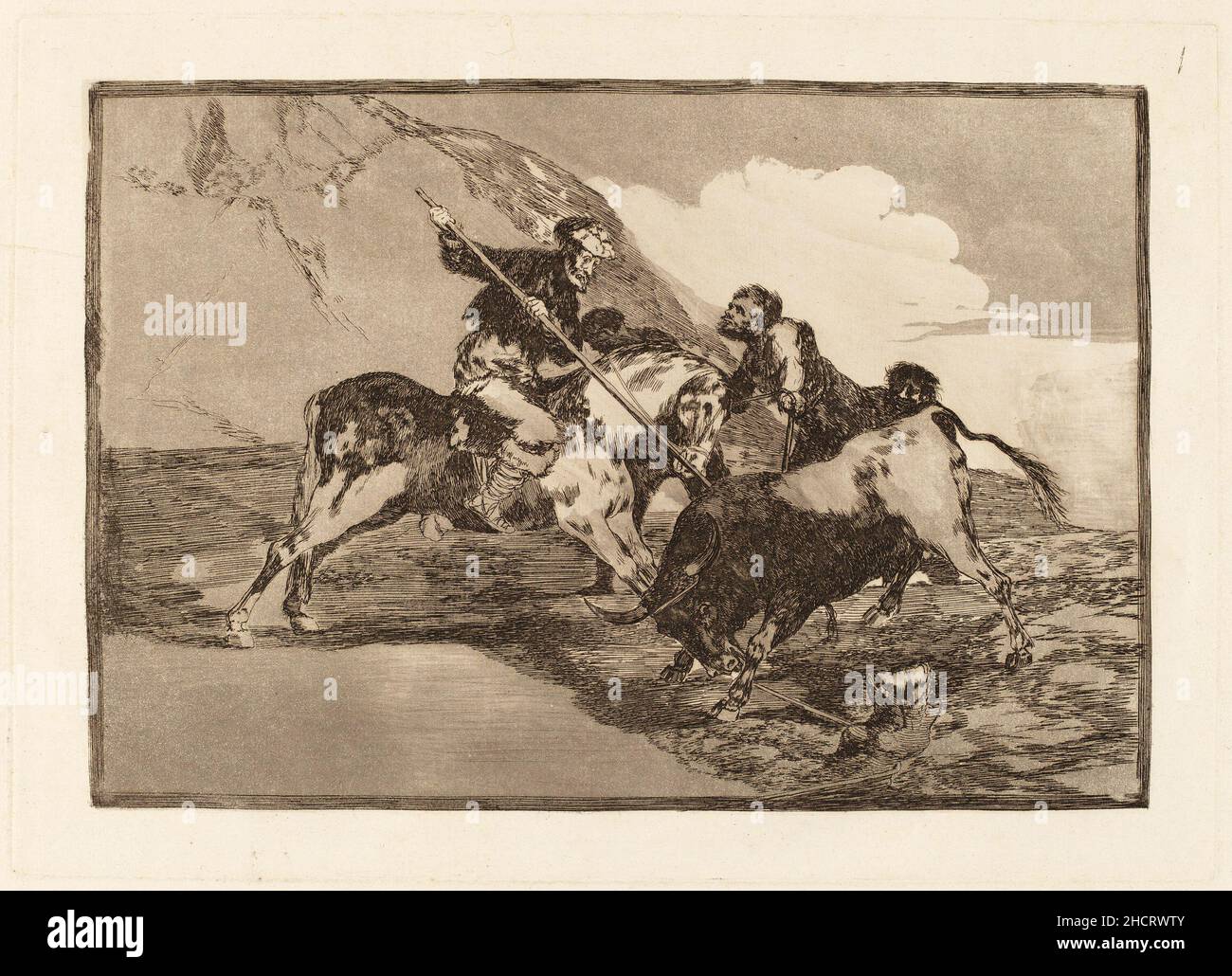 Francisco de Goya, Modo con que los antiguos Espanoles cazaban los toros a caballo en el campo (The Way  in which the Ancient Spaniards Hunted Bulls on Horseback in the Open Country). This is print number  1in a 33 print series on bullfighting. Stock Photo