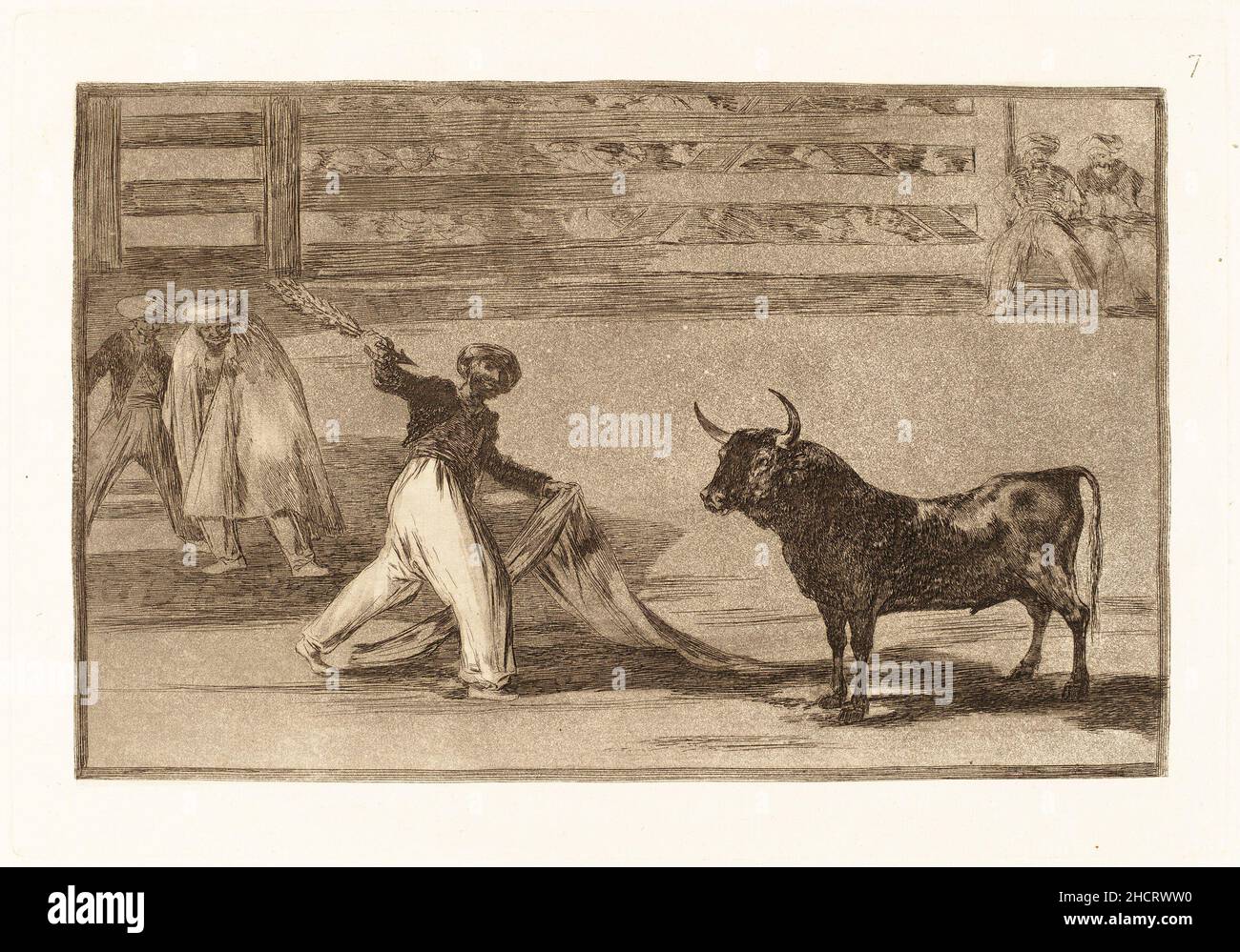 Francisco de Goya, Origen de los arpones o banderillas (Origin of the Harpoons or Banderillas). This is print number 7 in a 33 print series on bullfighting. Stock Photo