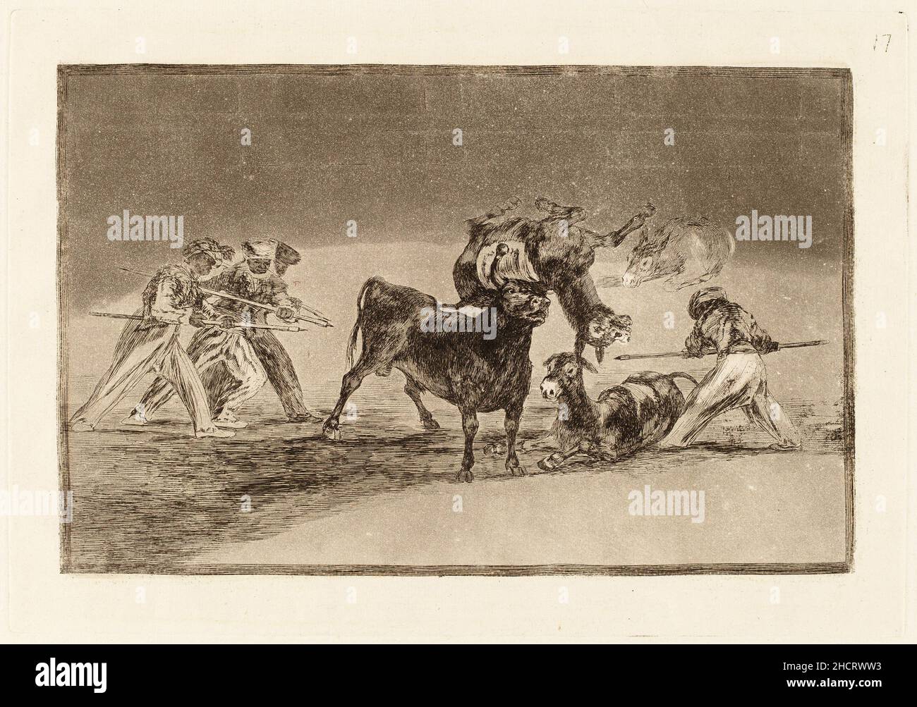 Francisco de Goya, Palenque de los moros hecho con burros para defenderse del toro embolado (The Moors Use Donkeys as a Barrier to Defend Themselves against the Bull Whose Horns have been Tipped with Balls). This is print number 17 in a 33 print series on bullfighting. Stock Photo