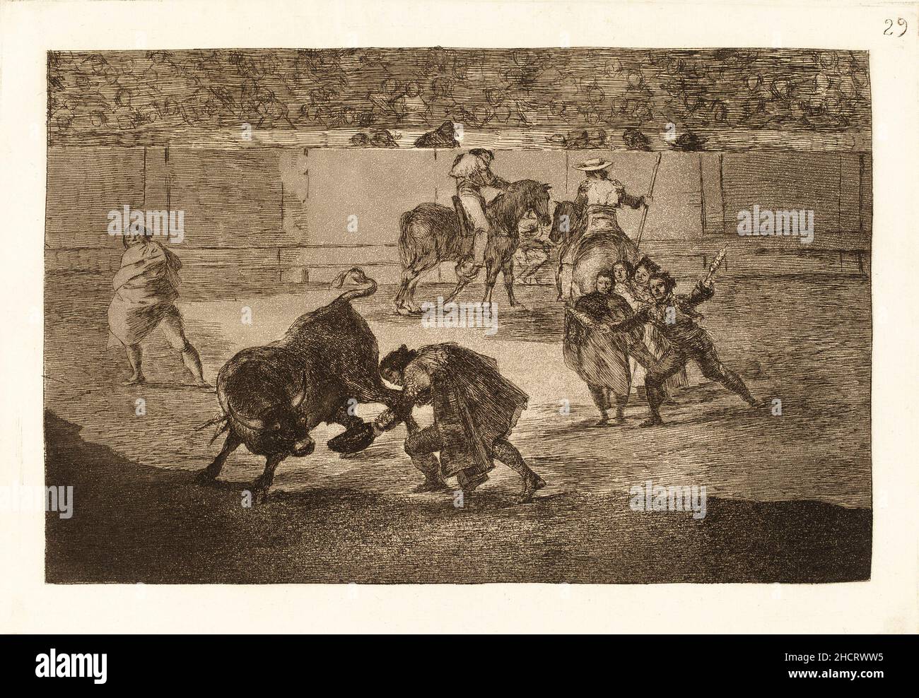 Francisco de Goya, Pepe Illo haciendo el recorte al toro (Pepe Illo Making the Pass of the 'Recorte'). This is print number 25 in a 33 print series on bullfighting. Stock Photo