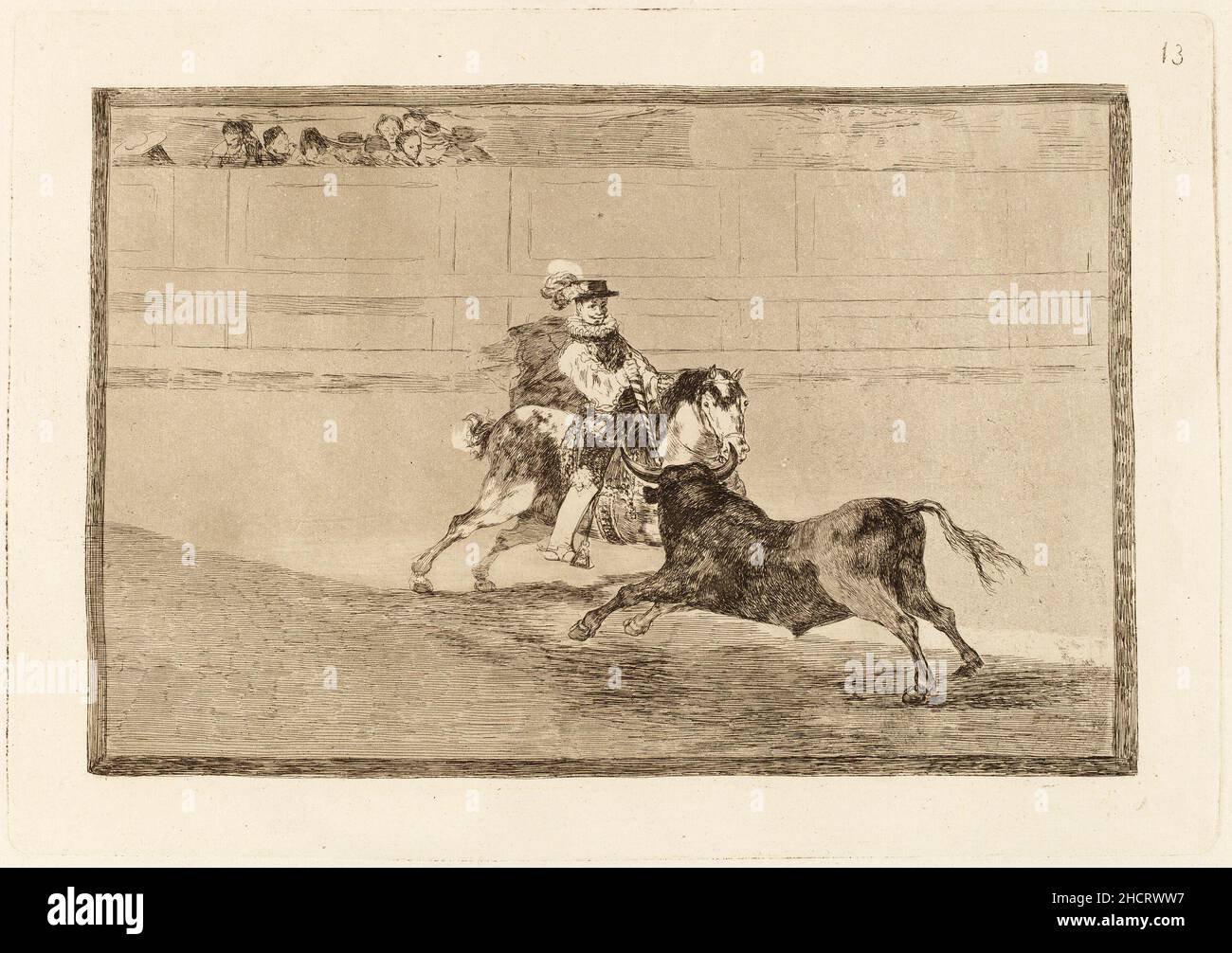 Francisco de Goya, Un caballero espanol en plaza quebrando rejoncillos sin auxilio de los chulos (A Spanish Mounted Knight in the Ring Breaking Short Spears without the Help of Assistants). This is print number 13 in a 33 print series on bullfighting. Stock Photo