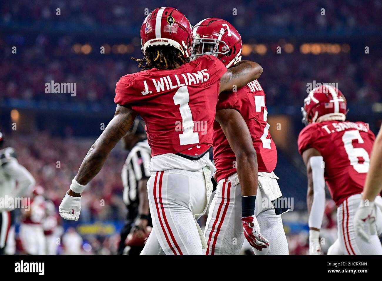 Alabama Crimson Tide wide receiver Ja'Corey Brooks catches a pass for a touchdown as he celebrates with Alabama Crimson Tide wide receiver Jameson Williams (1) during a game between the Cincinnati Bearcats and Alabama Crimson Tide of the 2021 College Football Playoff Semifinal at the 86th Goodyear Cotton Bowl Classic game at AT&T Stadium in Arlington, Texas, December 31st, 2021.Manny Flores/CSM Stock Photo