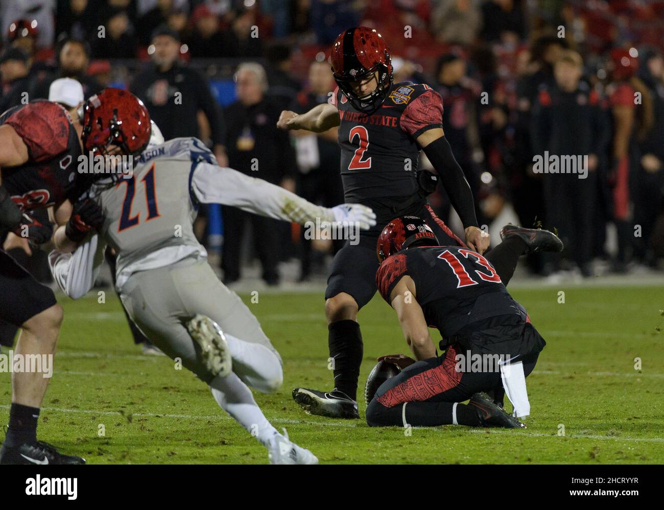 November 19, 2021: San Diego State Aztecs place kicker Matt Araiza (2) and  San Diego State Aztecs running back Kaegun Williams (26) warm-up prior to  the start of the NCAA football game