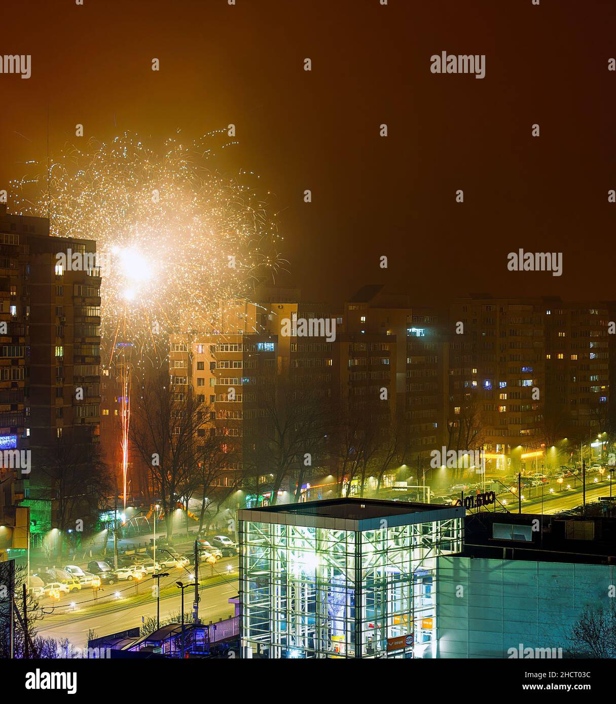 01 January 2022-Bucharest, Romania. The start of fireworks in the city ...