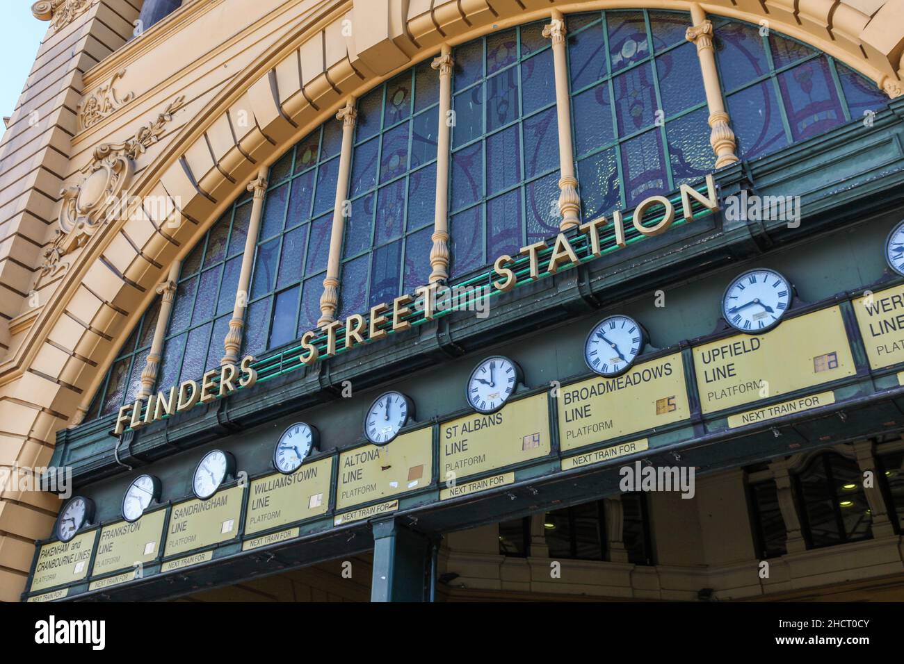 Flinders street station is one of the major train stations in Melbourne. This image shows the facade of one of the entries to the station. Stock Photo