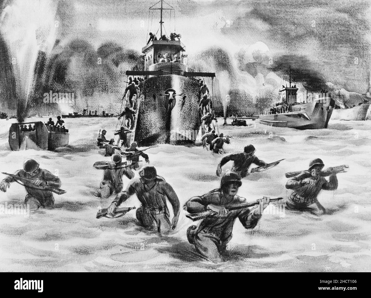 Assault wave, Salerno. Allied troops pour ashore at Salerno, wading through the surf under heavy machine gun and shell fire from hidden enemy positions back of the beaches. One of the landing craft is set aflame by an enemy shell. Another shell just misses an LCVP (landing craft, vehicle personnel) and sends up a plume of smoke and water. Allied cruisers come in close to shore to blast the enemy whose positions are relayed by naval spotters advancing with the landing parties - World War II Stock Photo