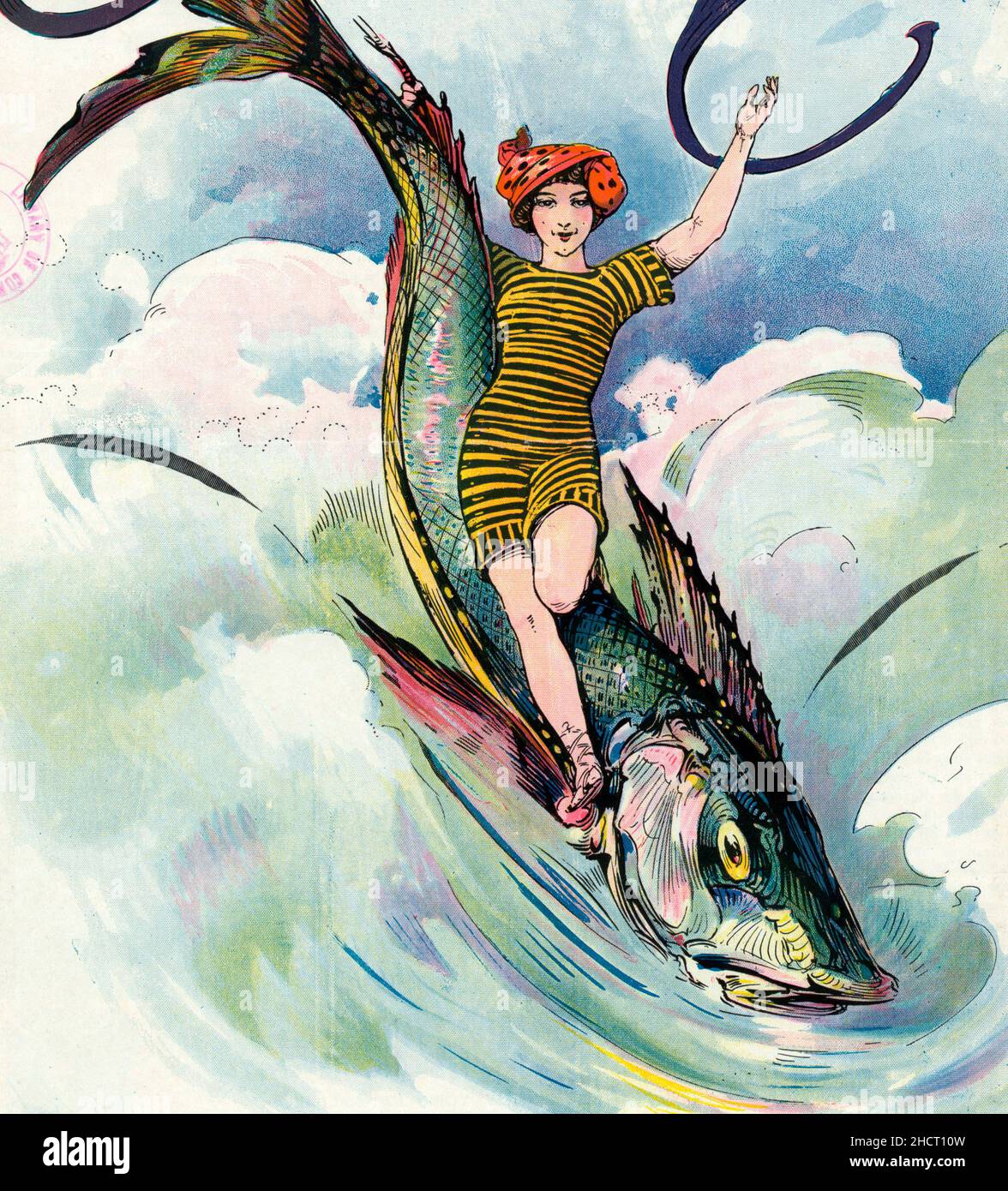 The maid of the summer surf -  Illustration shows a woman wearing a swimsuit, standing on a large fish that is splashing through waves, 1911 Stock Photo