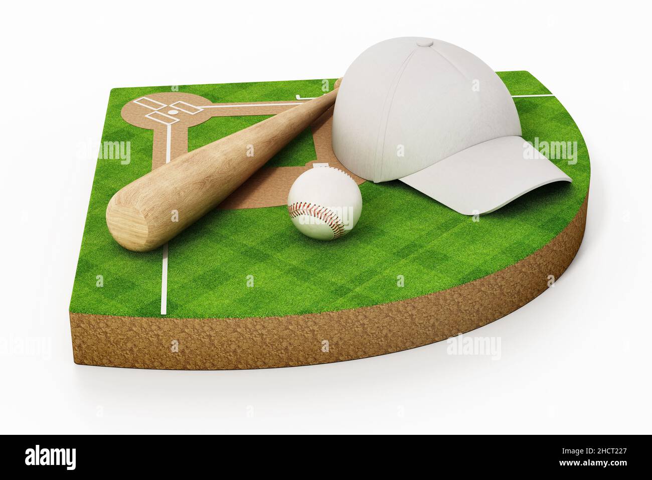 Baseball pitch, cap, ball and bat isolated on white background. 3D
