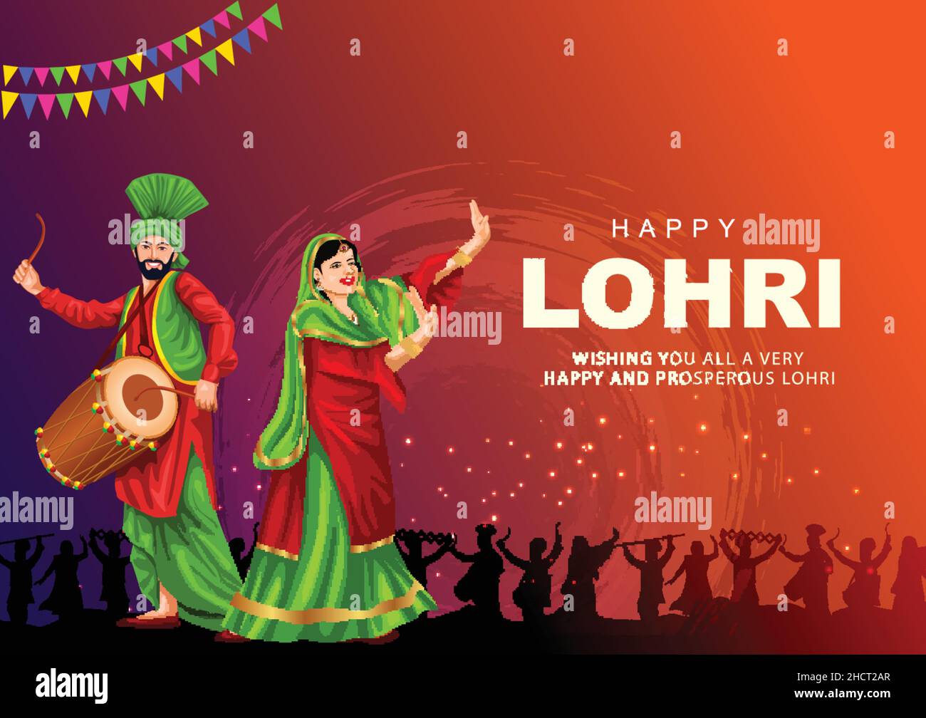 Happy Lohri festival of Punjab India background. group of people playing lohri dance. vector illustration design Stock Vector