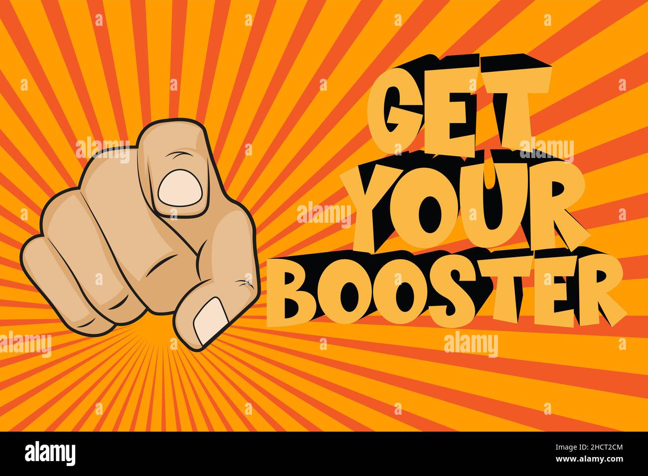 Get Your Booster pointing finger comic vector on a sunburst background Stock Vector
