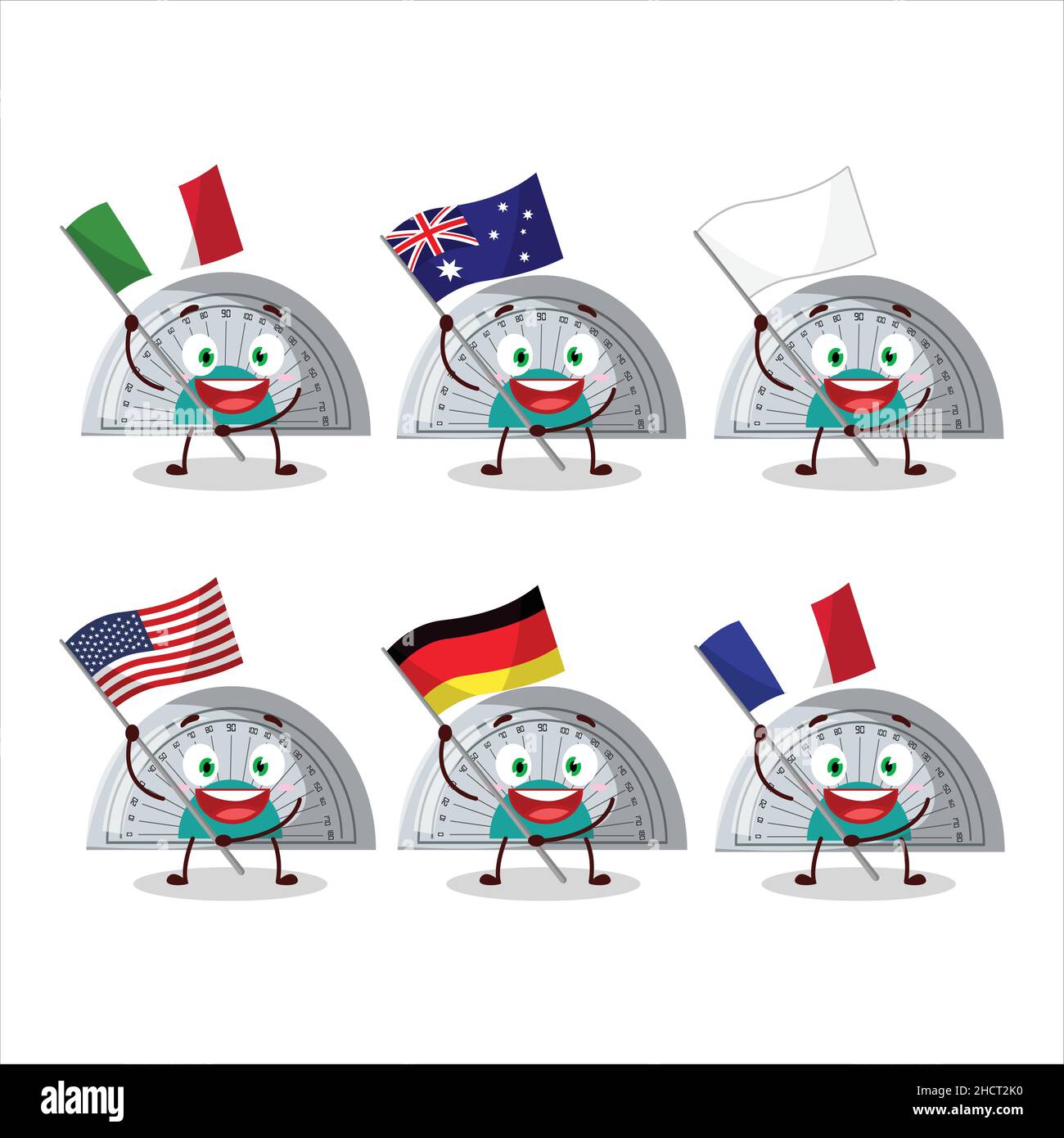 White arc ruler cartoon character bring the flags of various countries ...