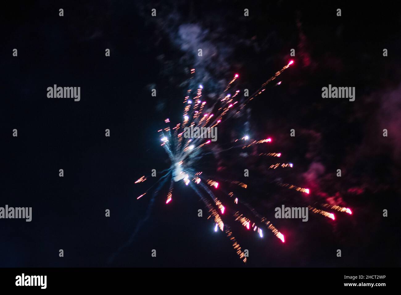 Palembang, South Sumatra, Indonesia. 1st Jan, 2022. Fireworks that have exploded in the air. (Credit Image: © Muhammad Shahab/Pacific Press via ZUMA Press Wire) Credit: ZUMA Press, Inc./Alamy Live News Stock Photo