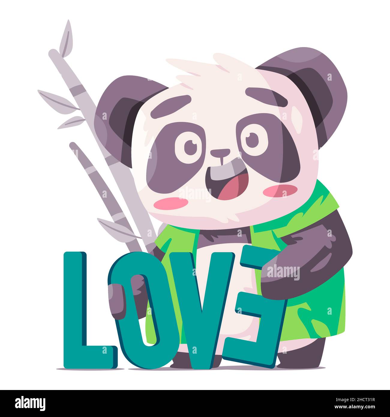 Cute panda holding love text with silly face funny character of black