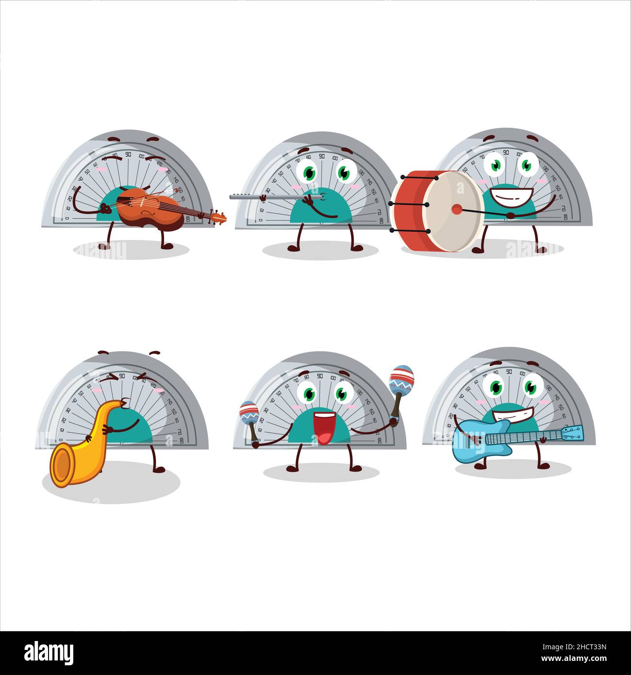 Cartoon character of white arc ruler playing some musical instruments ...