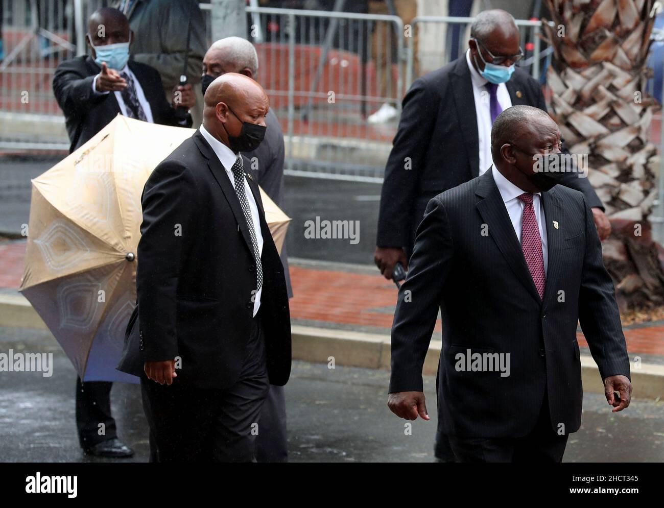 South African President Cyril Ramaphosa arrives for the funeral service of Archbishop Emeritus Desmond Tutu at St George's Cathedral in Cape Town, South Africa, January 1, 2022. REUTERS/Mike Hutchings/Pool Stock Photo