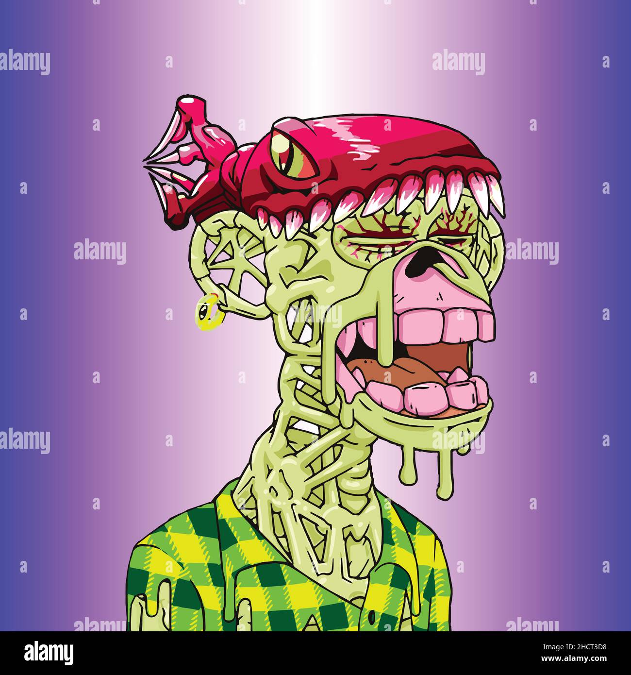 Mutant ape zombie melting with pink lobster hat NFT art. Green monkey skeleton vector illustration Stock Vector