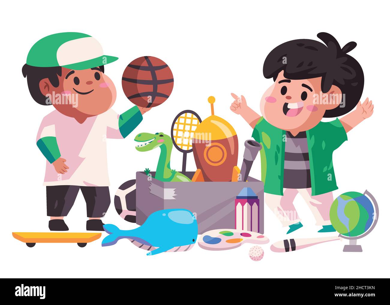 Two kids children friend find toys in box storage play together Stock