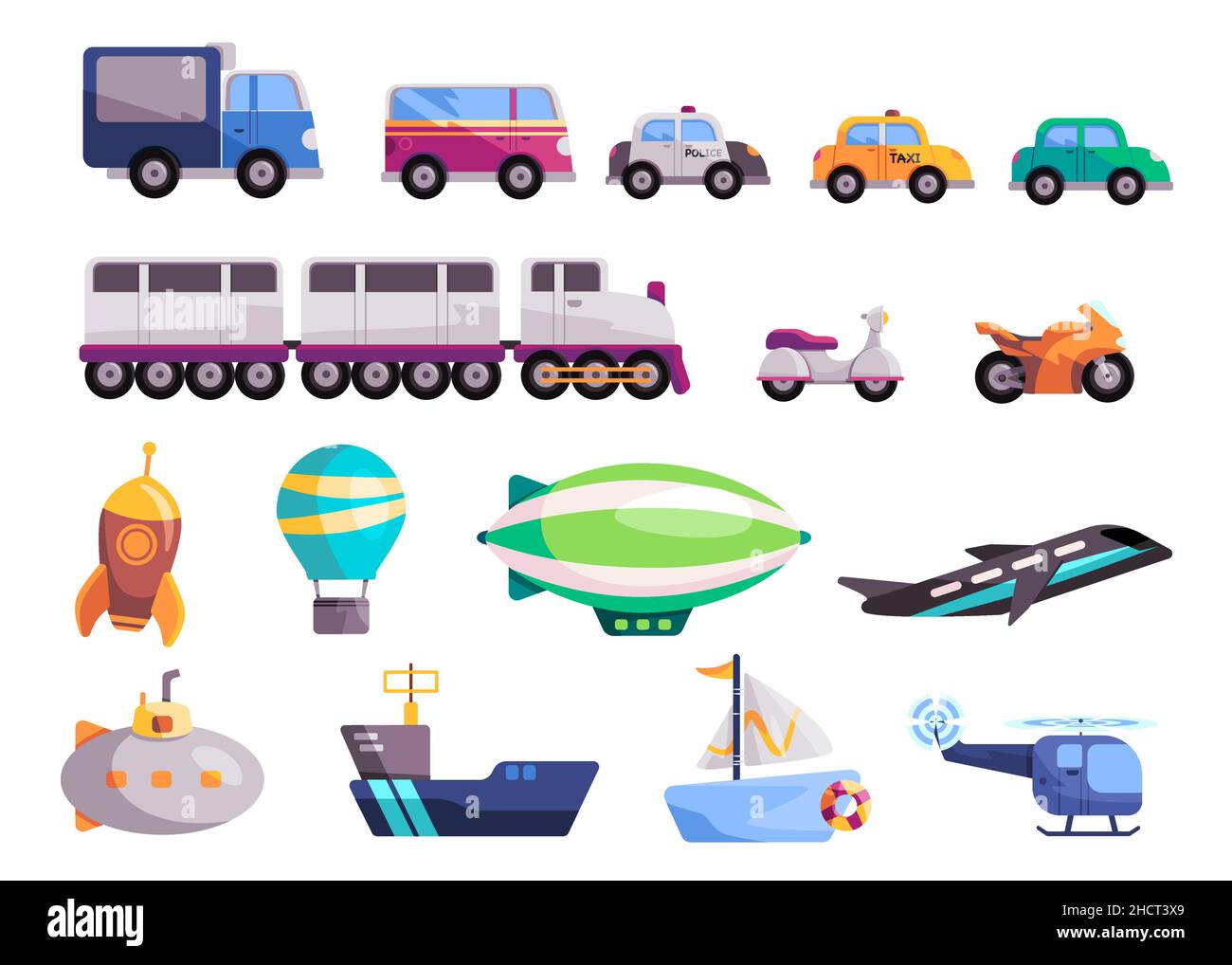 transportation set collection kids fun colorful toys ship boat car bike motor cycle train van helicopter rocket balloon Stock Vector
