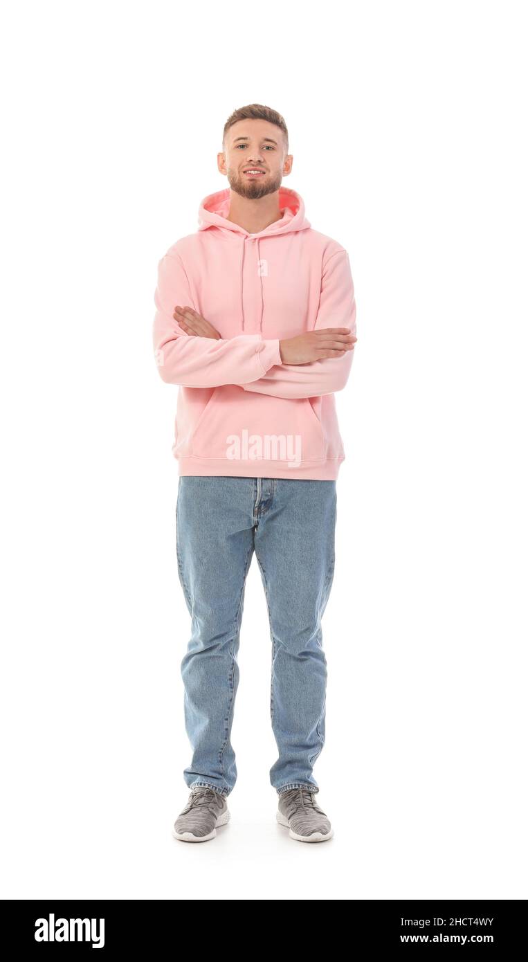 Young guy in stylish hoodie on white background Stock Photo