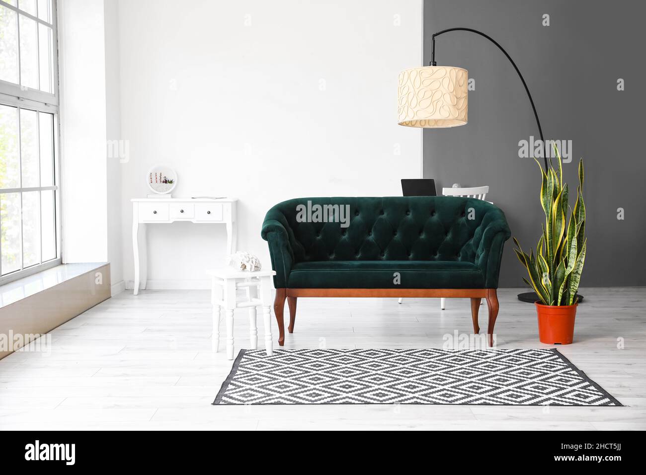 Interior of light living room with green sofa, houseplant and standing ...