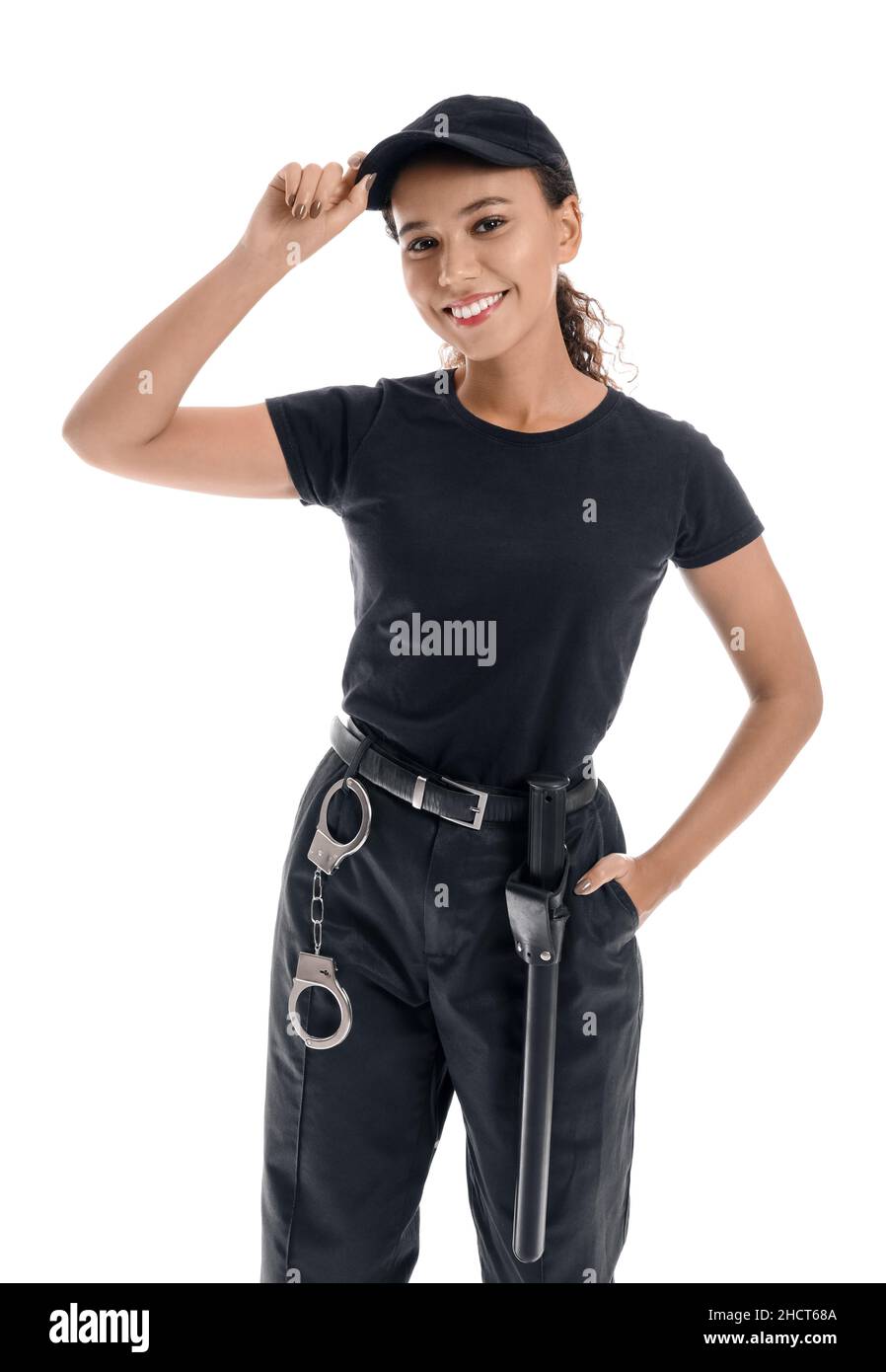 Smiling African-American female security guard on white background ...