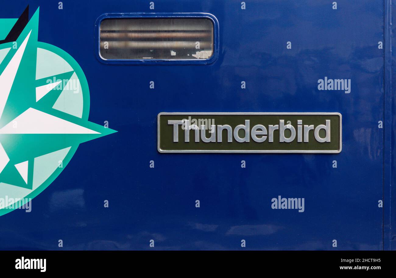 57311 'Thunderbird' nameplate. Carlisle Citadel railway station. Stock Photo