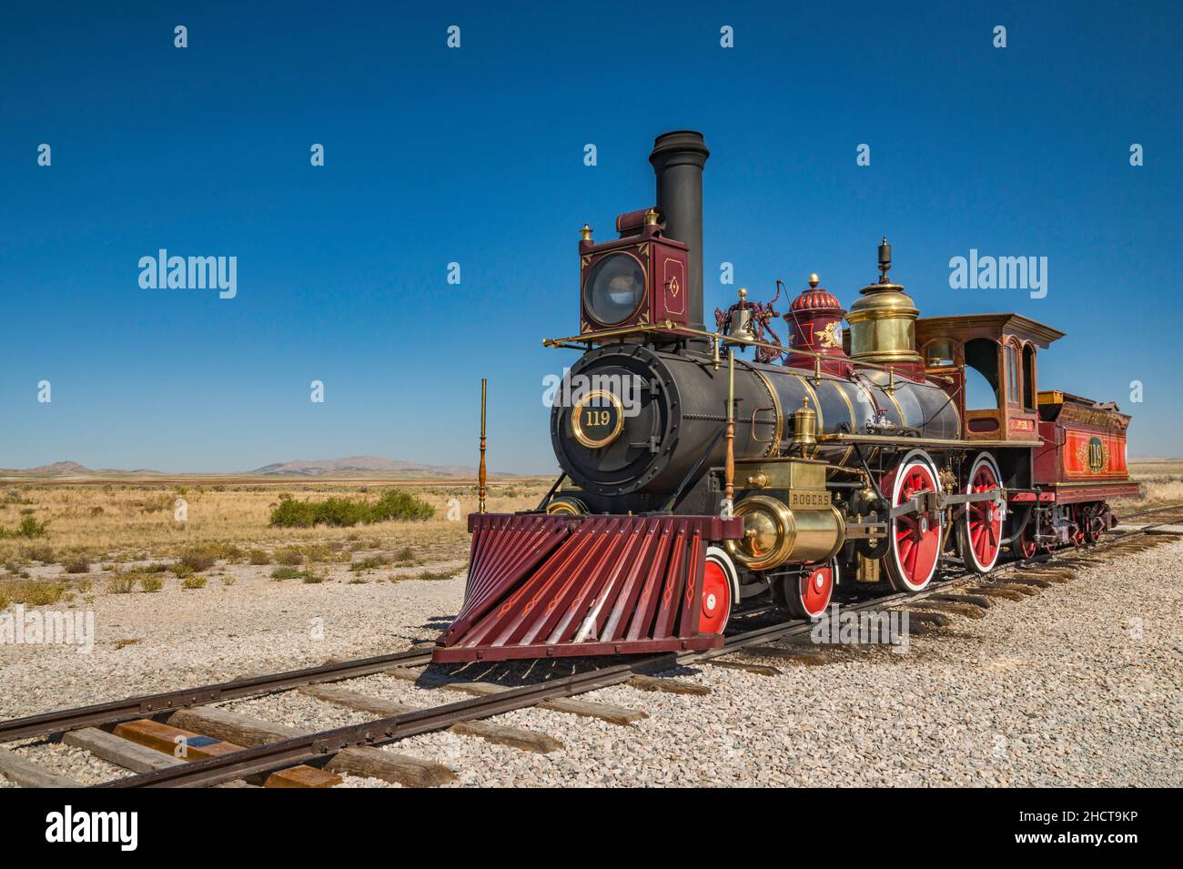 No 119 steam engine locomotive replica, cowcatcher in front, at Last Spike Site at Promontory Summit, Golden Spike National Historical Park, Utah, USA Stock Photo