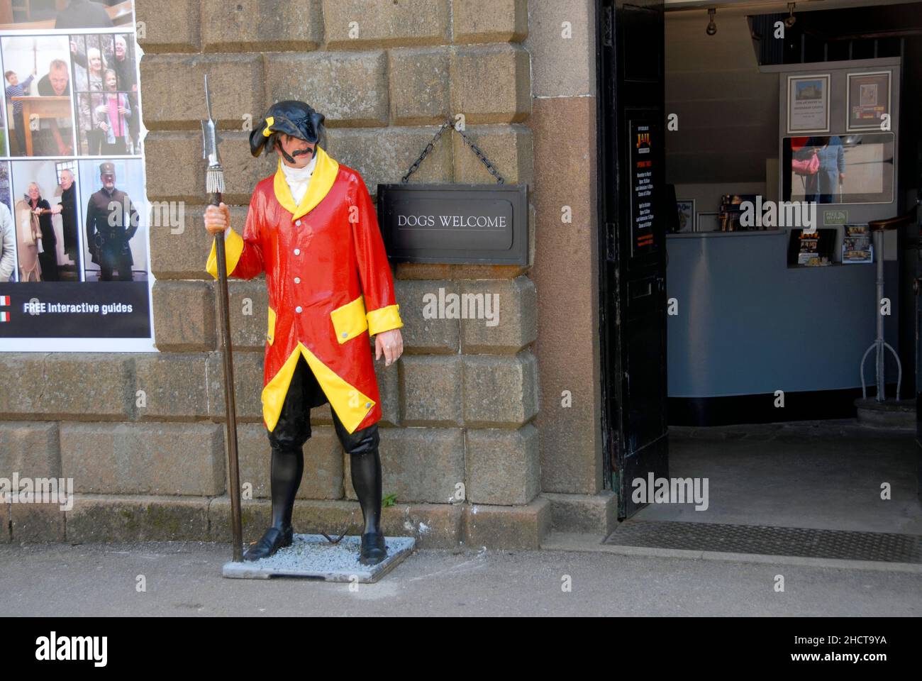 Life-size model of a guard standing outside the entrance to the exhibition at site of old Inveraray jail,  Argyll & Bute, Scotland Stock Photo