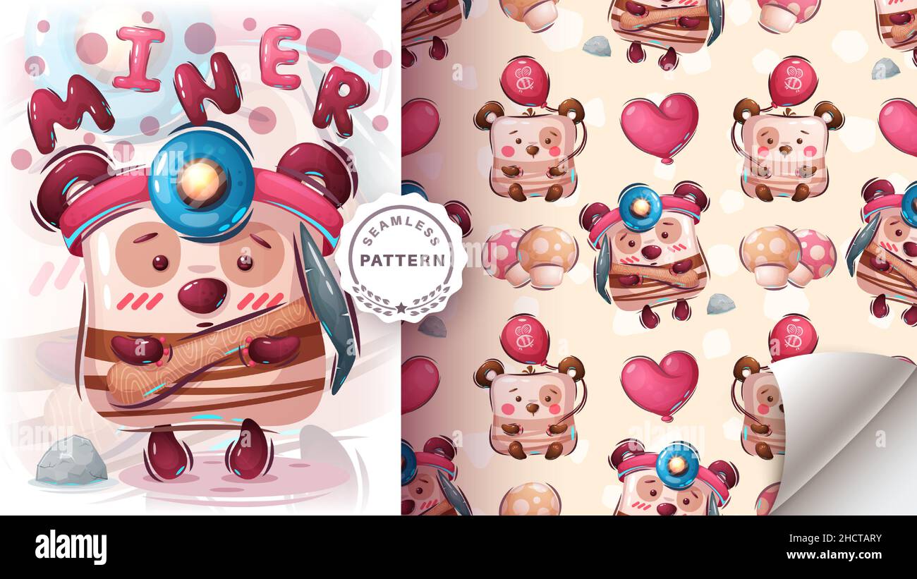 Teddy bear miner - seamless pattern Stock Vector