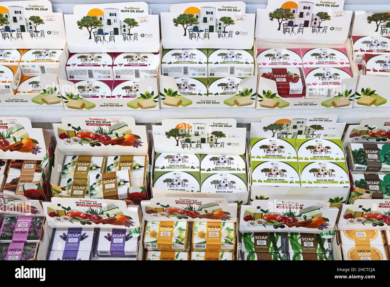 Traditional olive oil soap on sale in various fragrances, Santorini