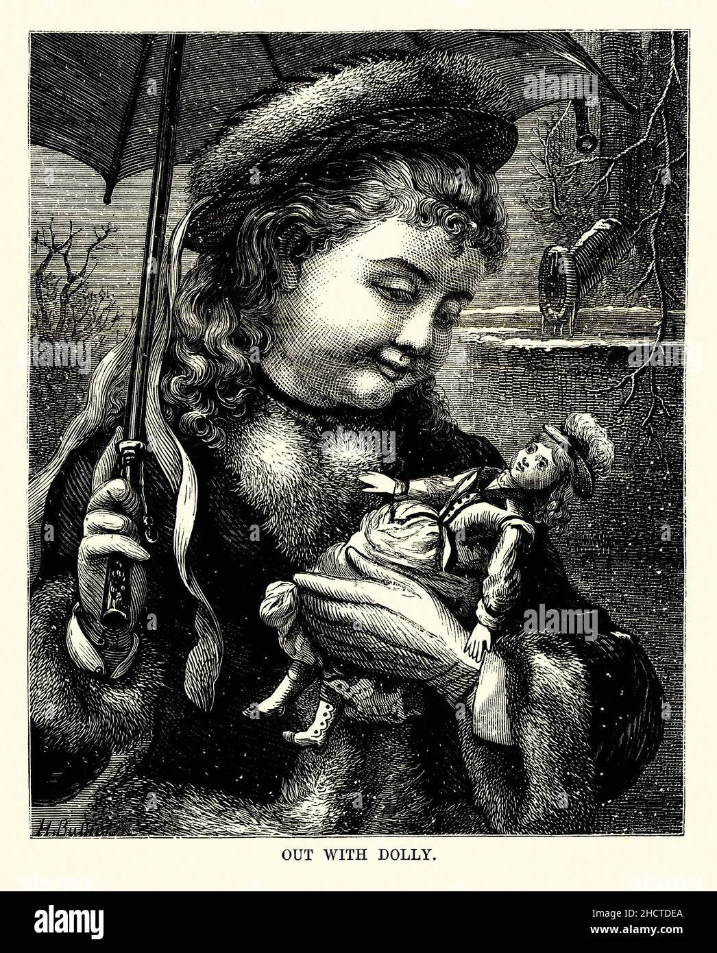A Victorian book  illustration of of 1877 showing  a girl ‘out with dolly’. The weather hasn’t put her off taking her doll out into the wet weather – nineteenth century graphics. Stock Photo